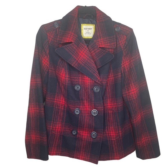 Old Navy Preppy Prep School Red & Navy Blue Plaid Peacoat Jacket Size Large - Picture 1 of 8